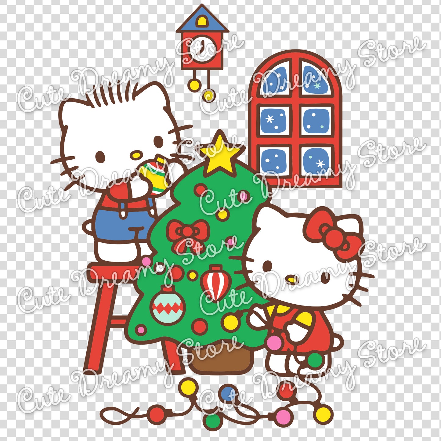 Christmas Hello Kitty Decorating Tree Clipart SVG / PNG / EPS vector