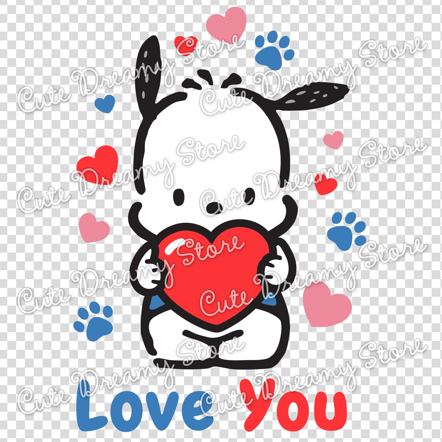 Adorable Pochacco Valentine’s Day dog clipart with hearts and paw prints, kawaii style