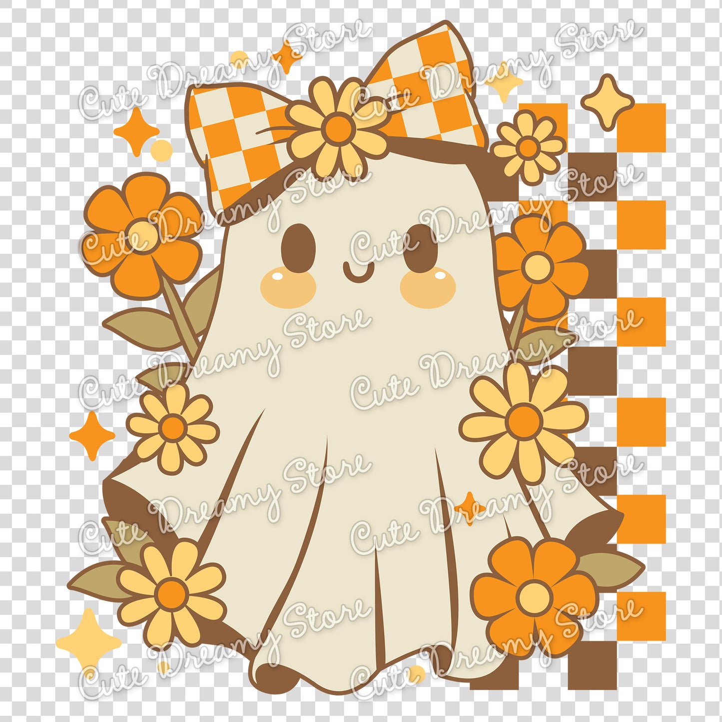 Cute Retro Ghost with Bow Clipart PNG | Retro Floral Halloween Digital