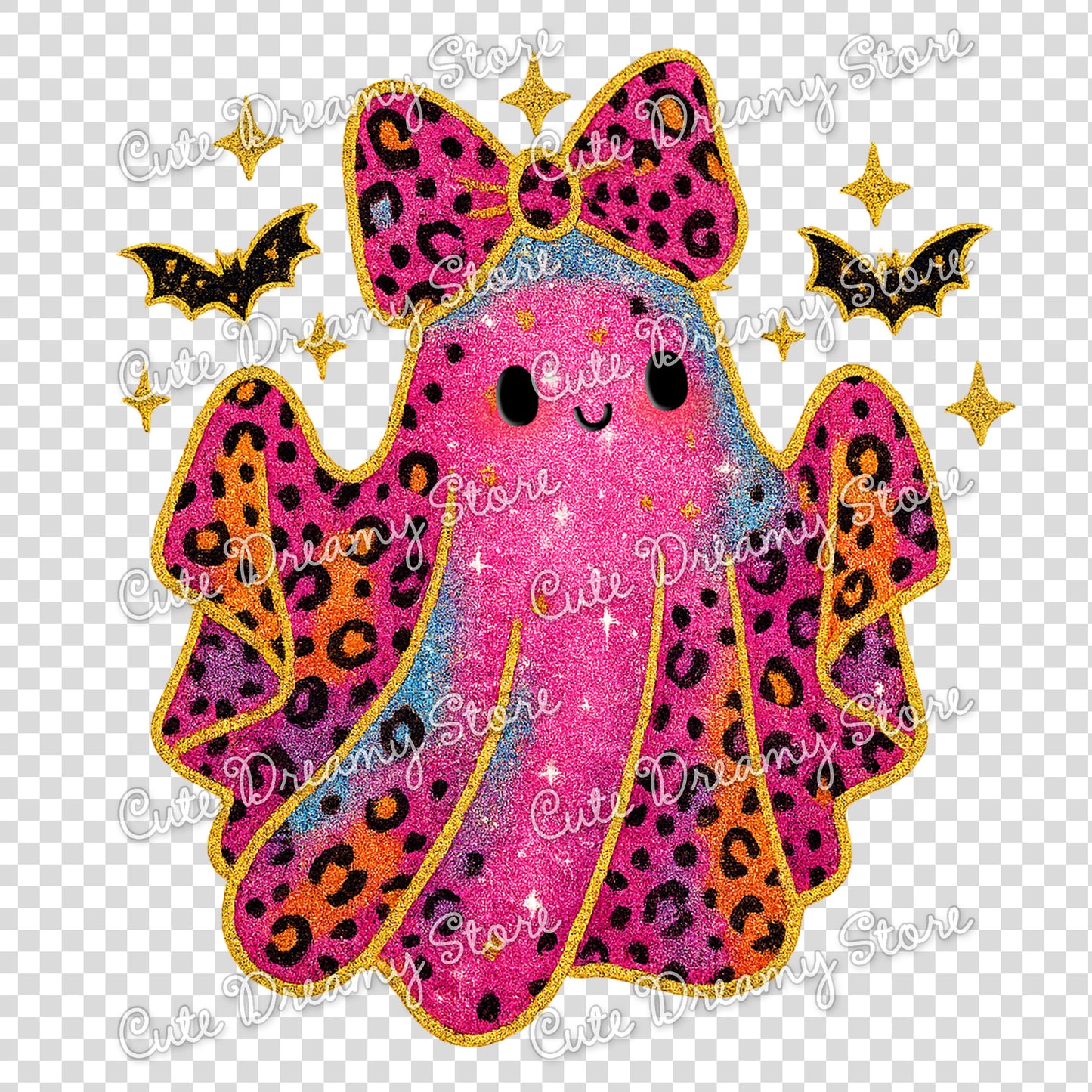 Cute Glitter Ghost Clipart with Bow / Pink Leopard Halloween PNG