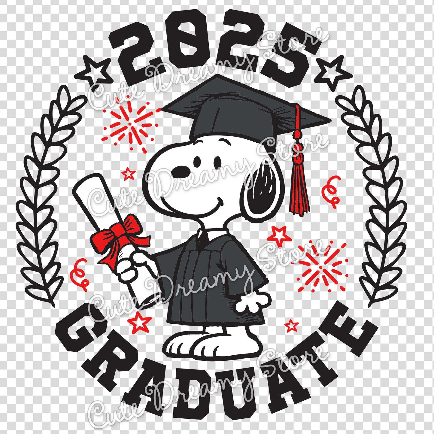 Graduation Snoopy Clipart Class of 2025 BLACK SVG / PNG / EPS vector