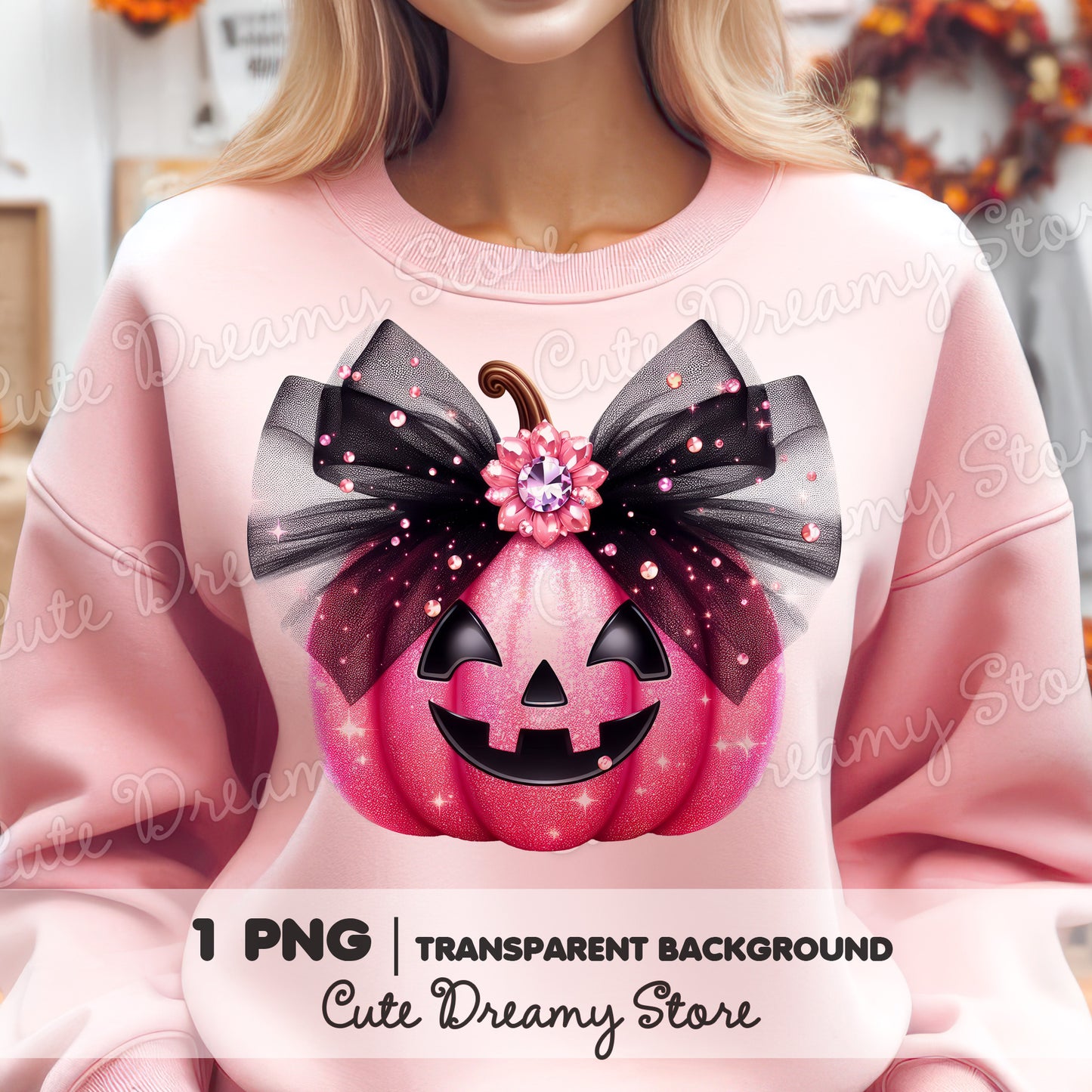 Halloween Pink Glitter Pumpkin Bow Clipart / PNG Transparent Background