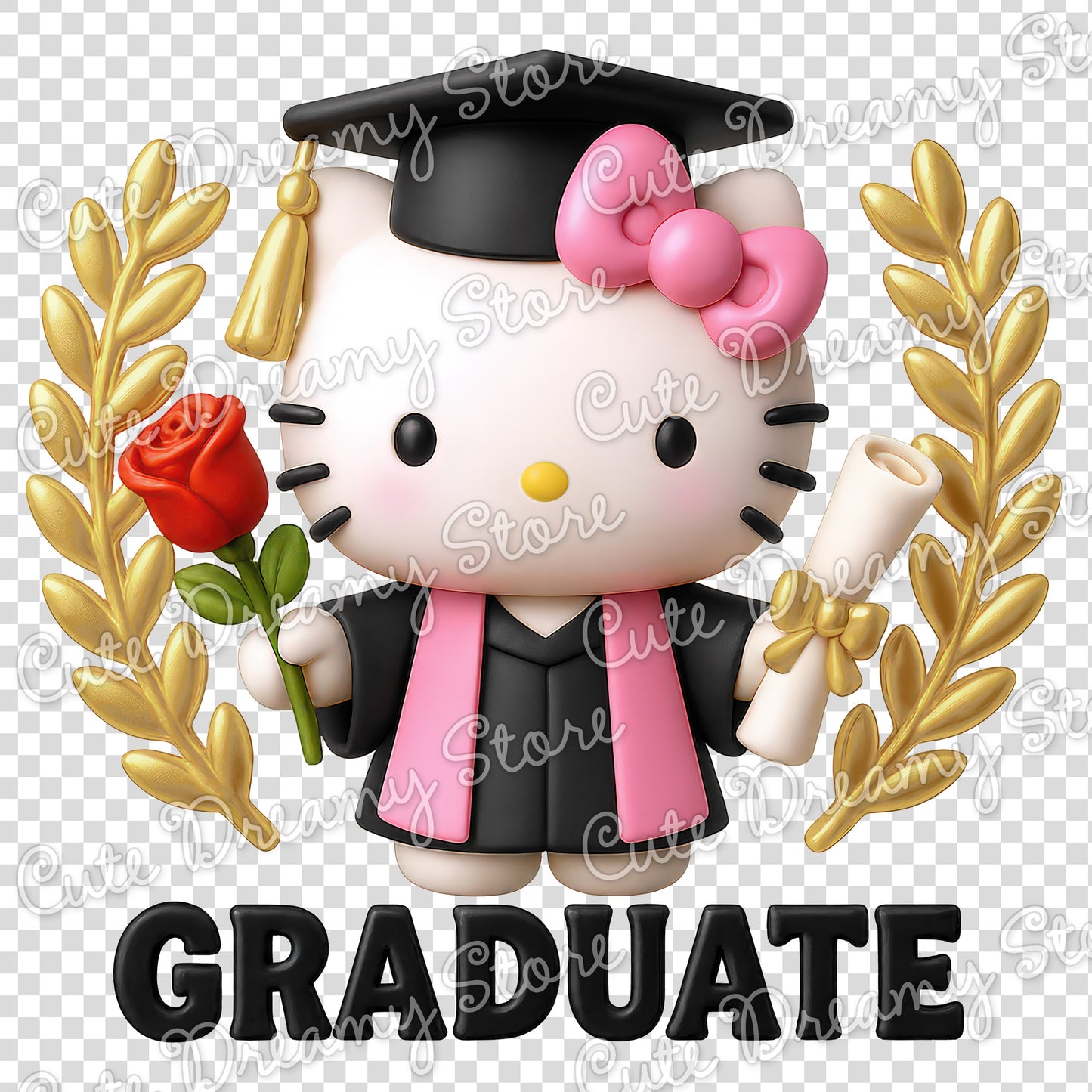 Hello Kitty Graduation 3D Gold Clipart / PNG Transparent Background