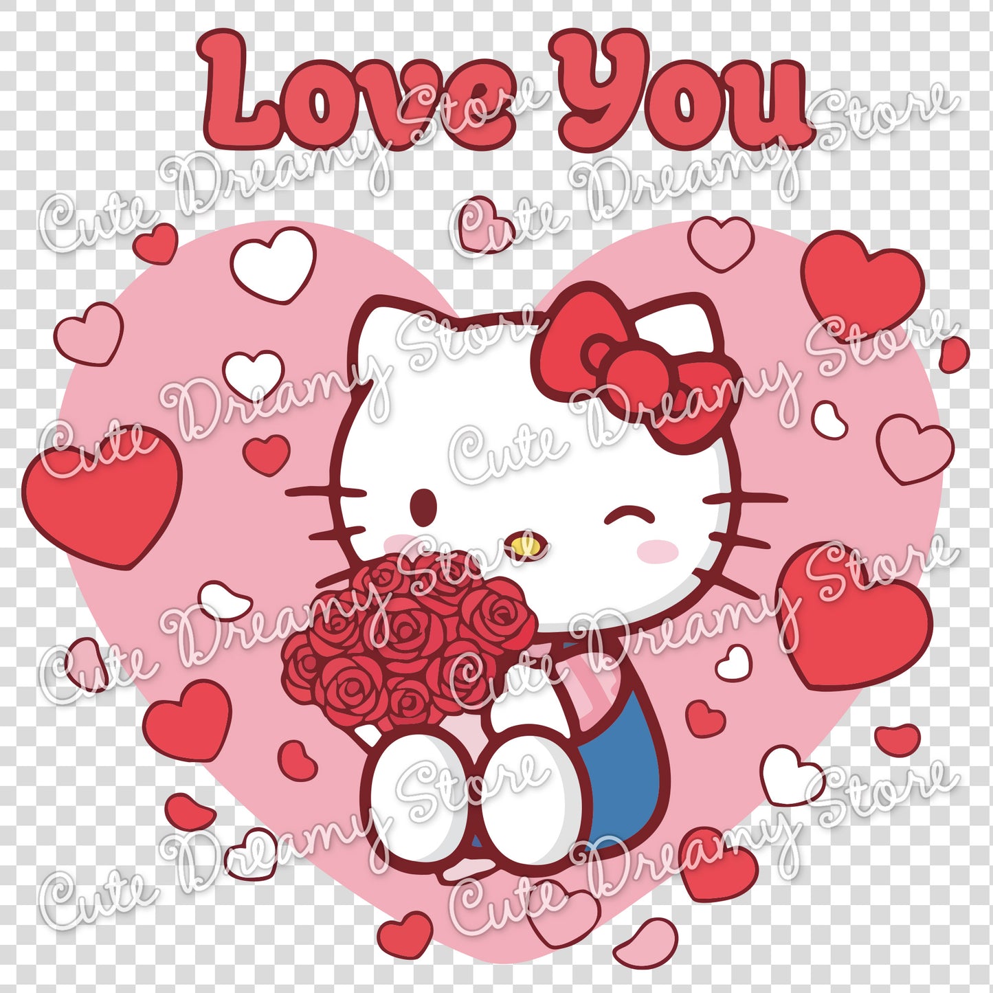 Cute Valentine’s Day Hello Kitty clipart holding roses inside a heart with Love You text, SVG PNG EPS digital download