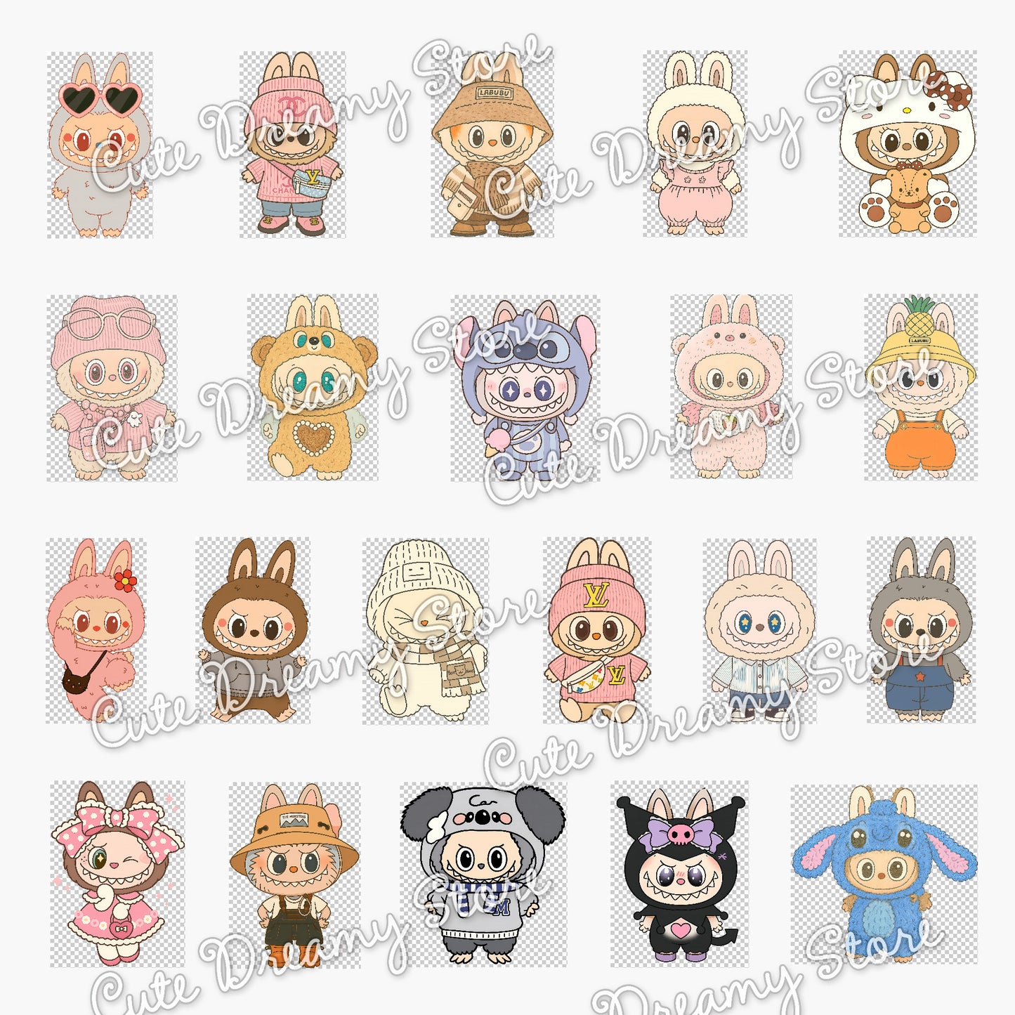 Paquete de imágenes prediseñadas de moda y vestuario de Labubu / Fondos PNG transparentes