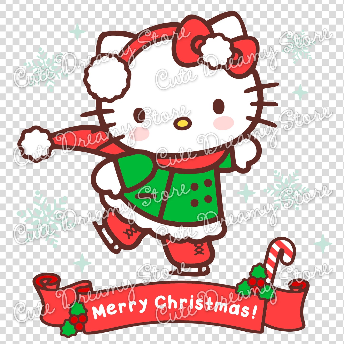 Red Hello Kitty Ice Skating Merry Christmas Clipart SVG / PNG / EPS Vector