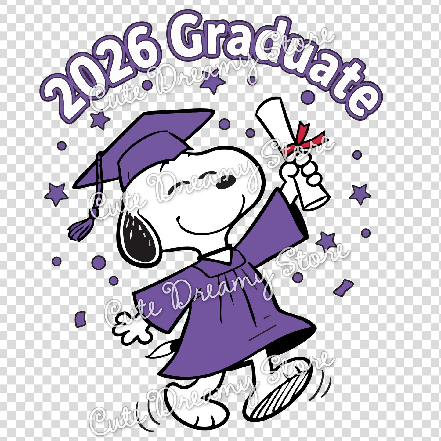 Purple Snoopy graduate clipart with stars and diploma raised
