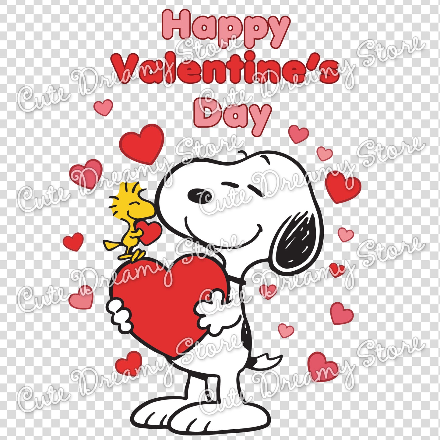 Cute Snoopy Valentine illustration with Woodstock and love hearts with transparent background