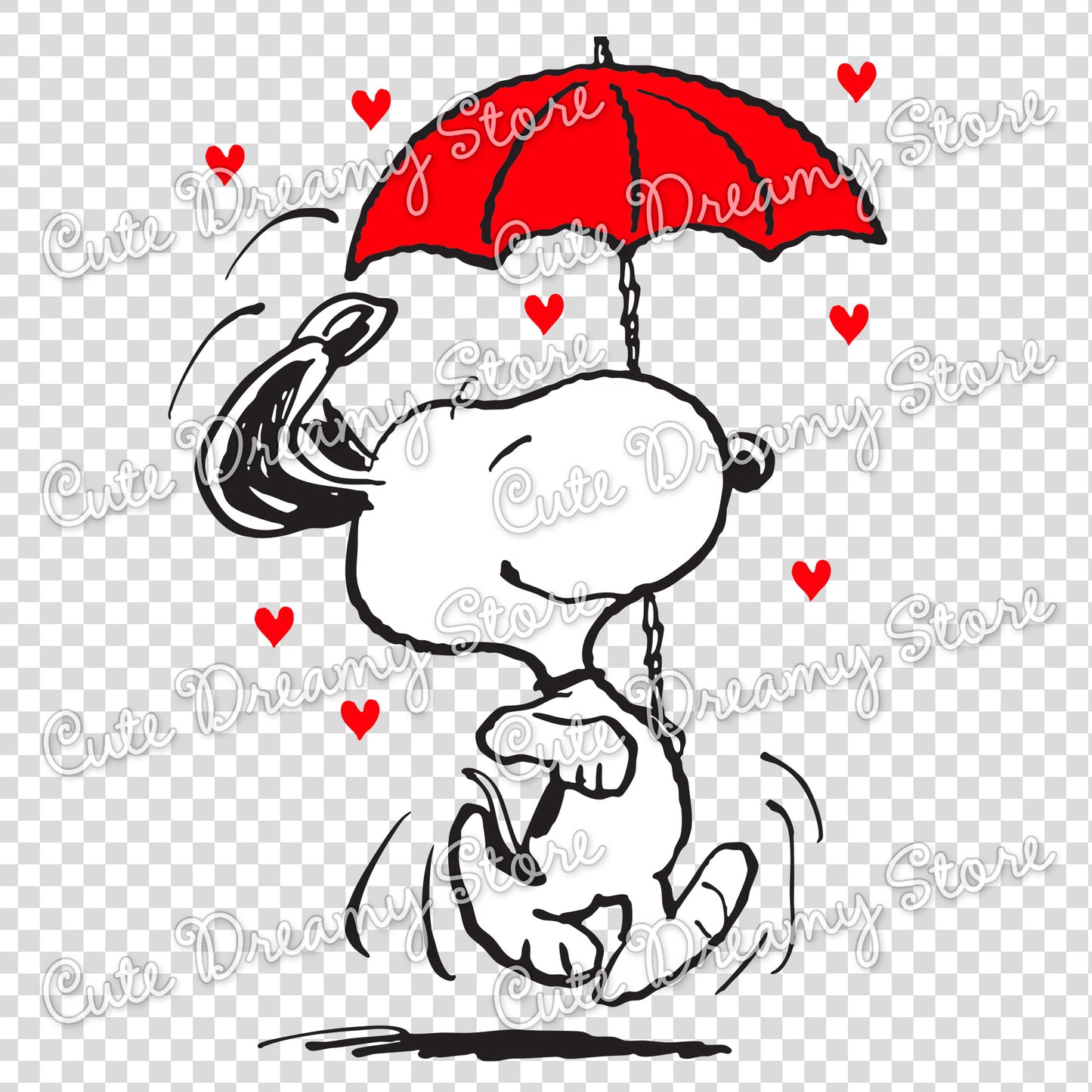 Snoopy walking with a red umbrella surrounded by hearts, romantic clipart with transparent background, SVG PNG EPS