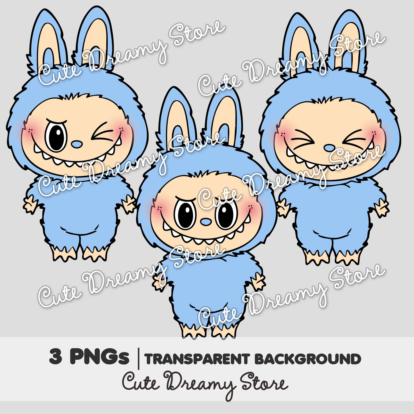 Cute Blue Labubu Transparent PNG Clipart – Digital Download