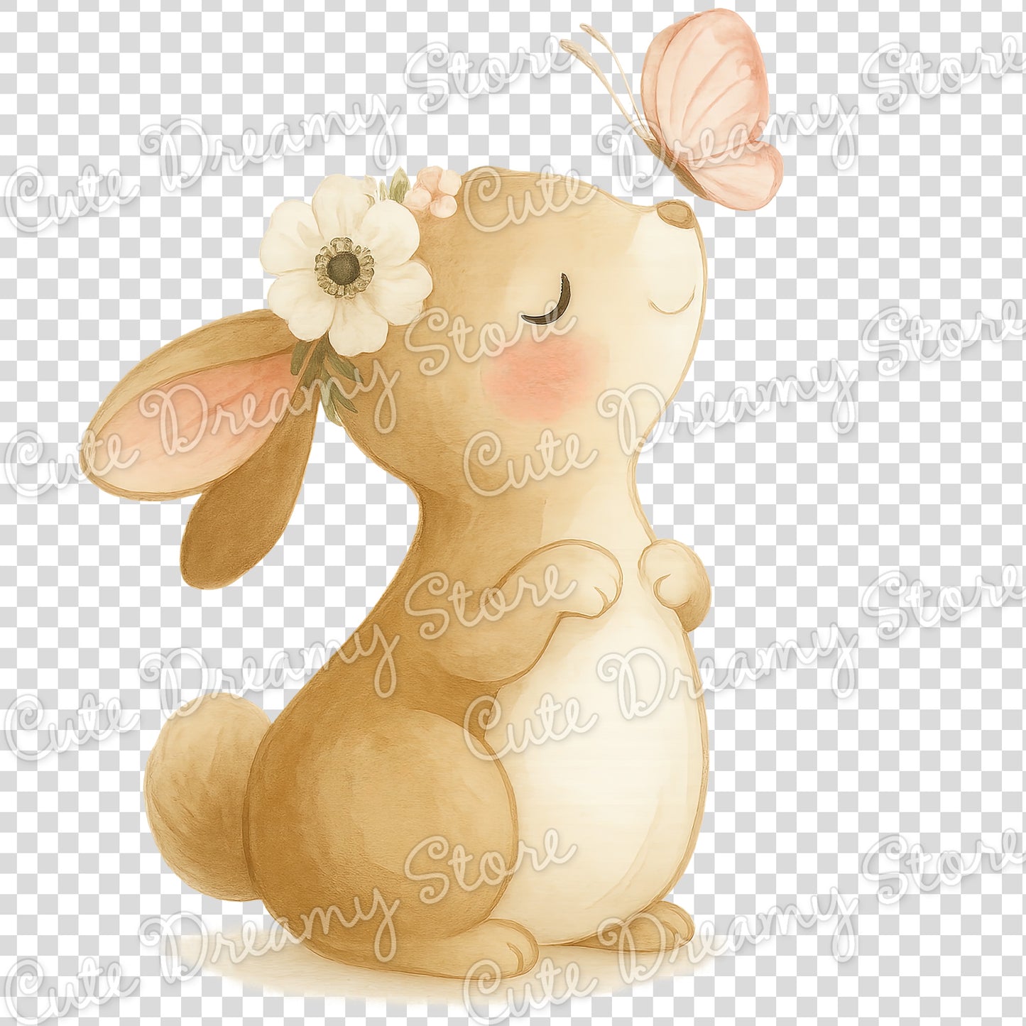 Conejito y mariposas floreciendo - Paquete de imágenes prediseñadas de acuarela / PNG con fondo transparente