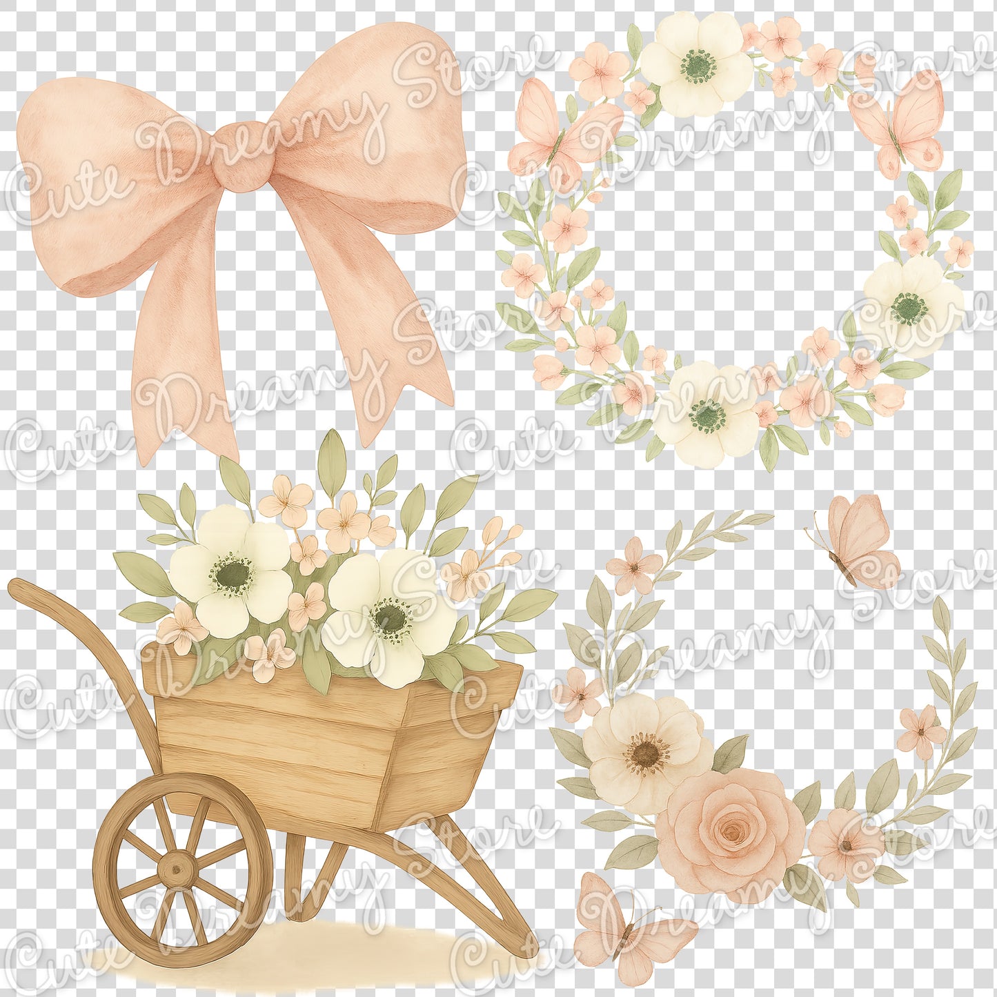 Conejito y mariposas floreciendo - Paquete de imágenes prediseñadas de acuarela / PNG con fondo transparente