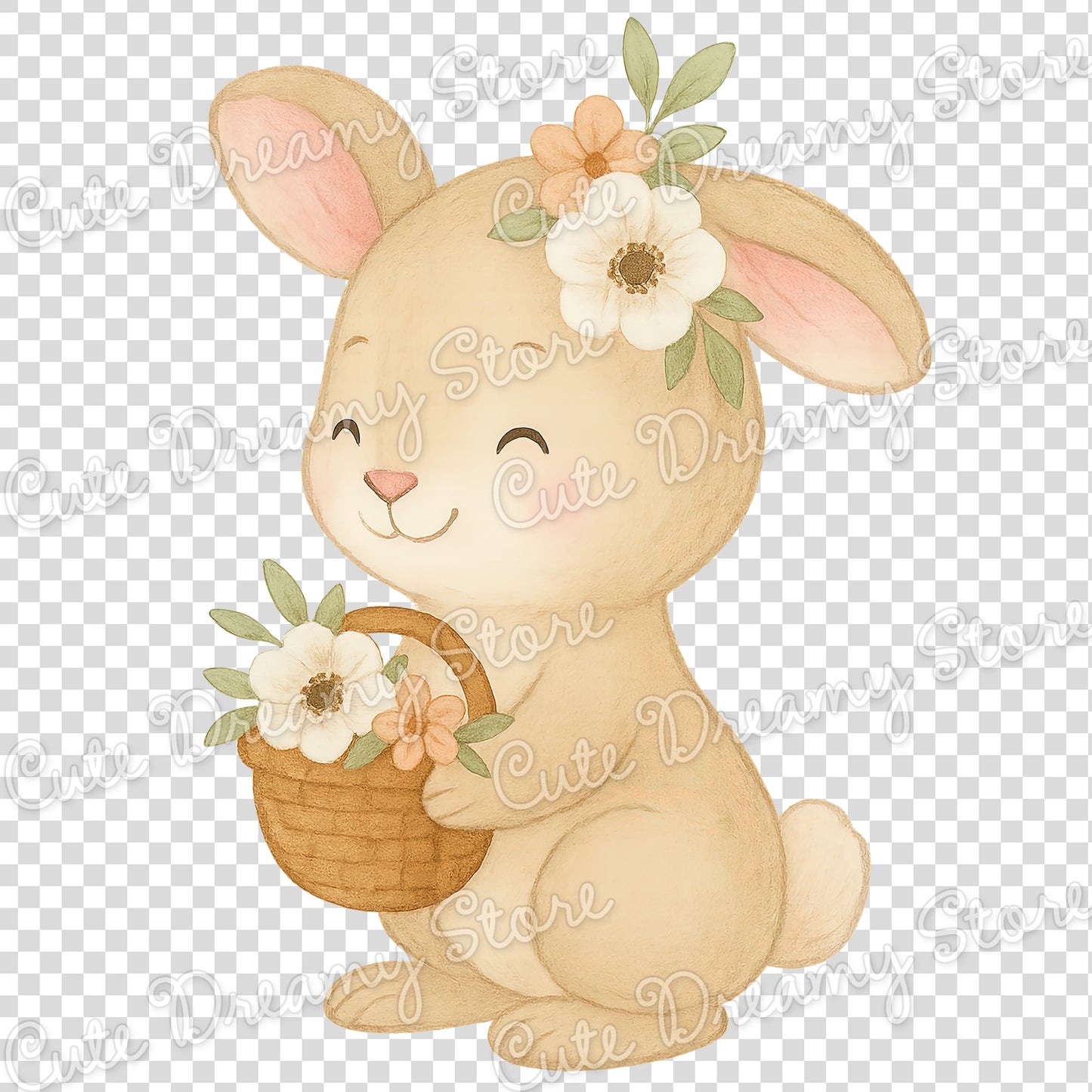Conejito y mariposas floreciendo - Paquete de imágenes prediseñadas de acuarela / PNG con fondo transparente