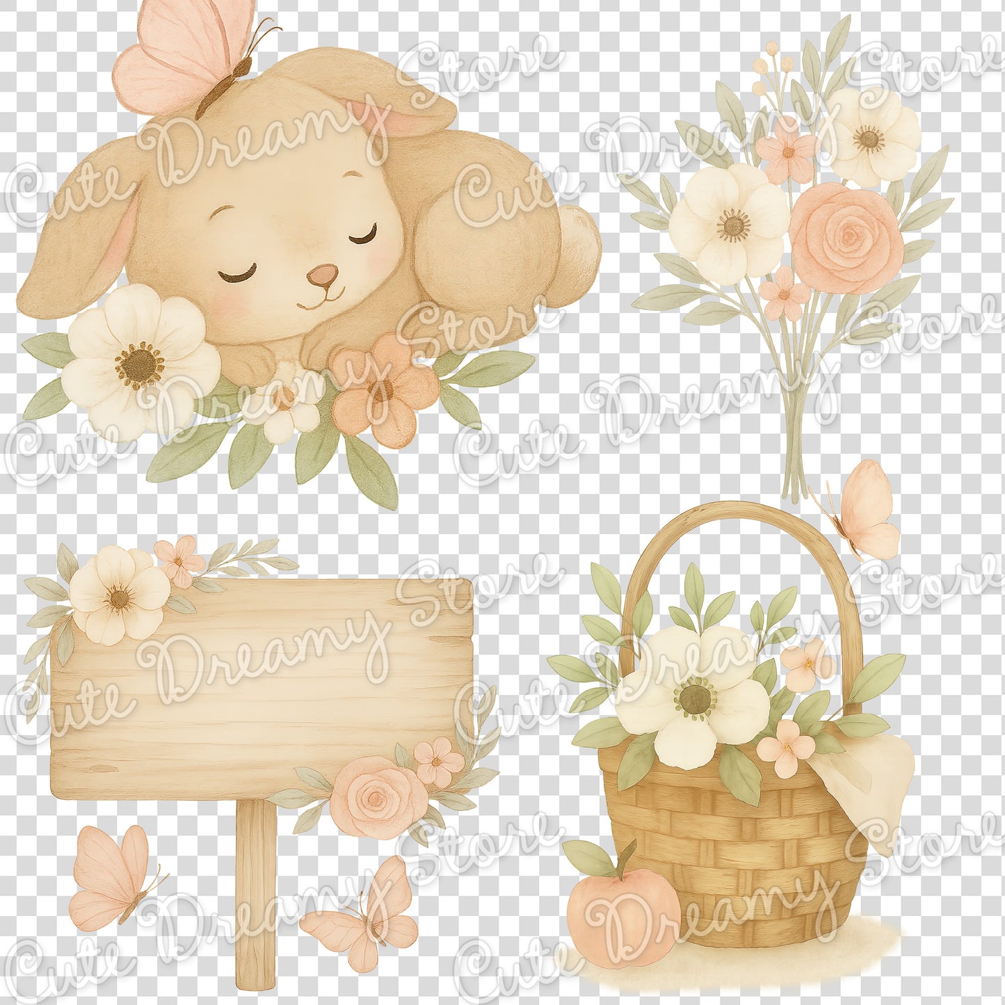 Conejito y mariposas floreciendo - Paquete de imágenes prediseñadas de acuarela / PNG con fondo transparente