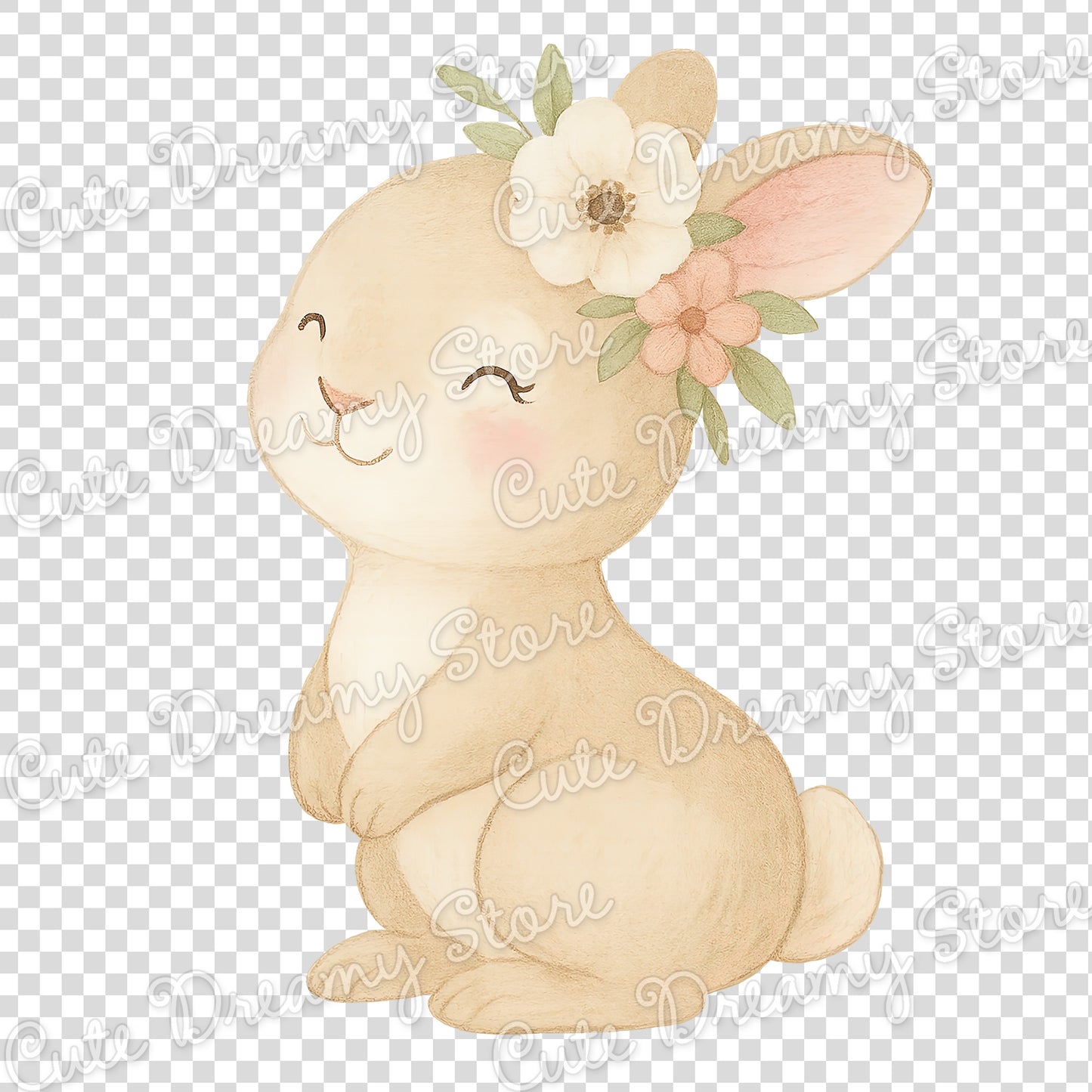 Conejito y mariposas floreciendo - Paquete de imágenes prediseñadas de acuarela / PNG con fondo transparente