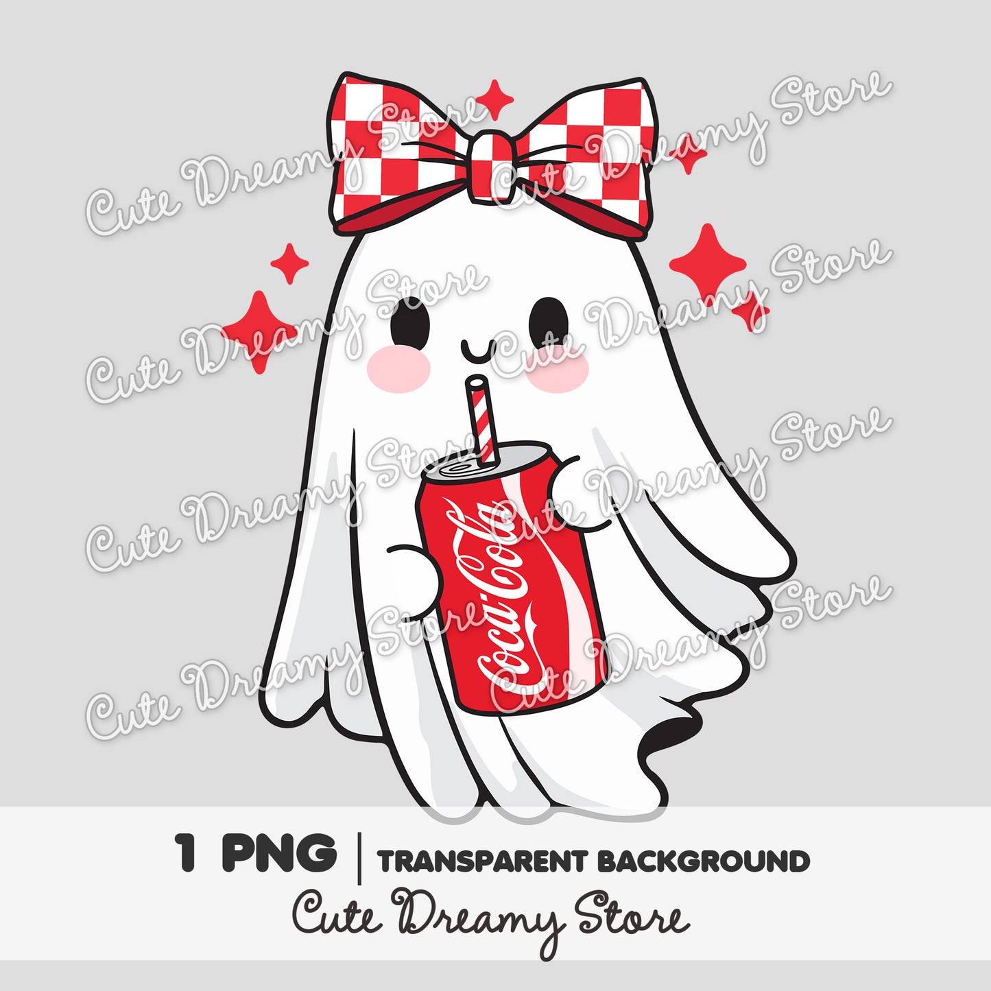 Cute Ghost with Bow Clipart PNG | Kawaii Ghost with Coca Cola Can