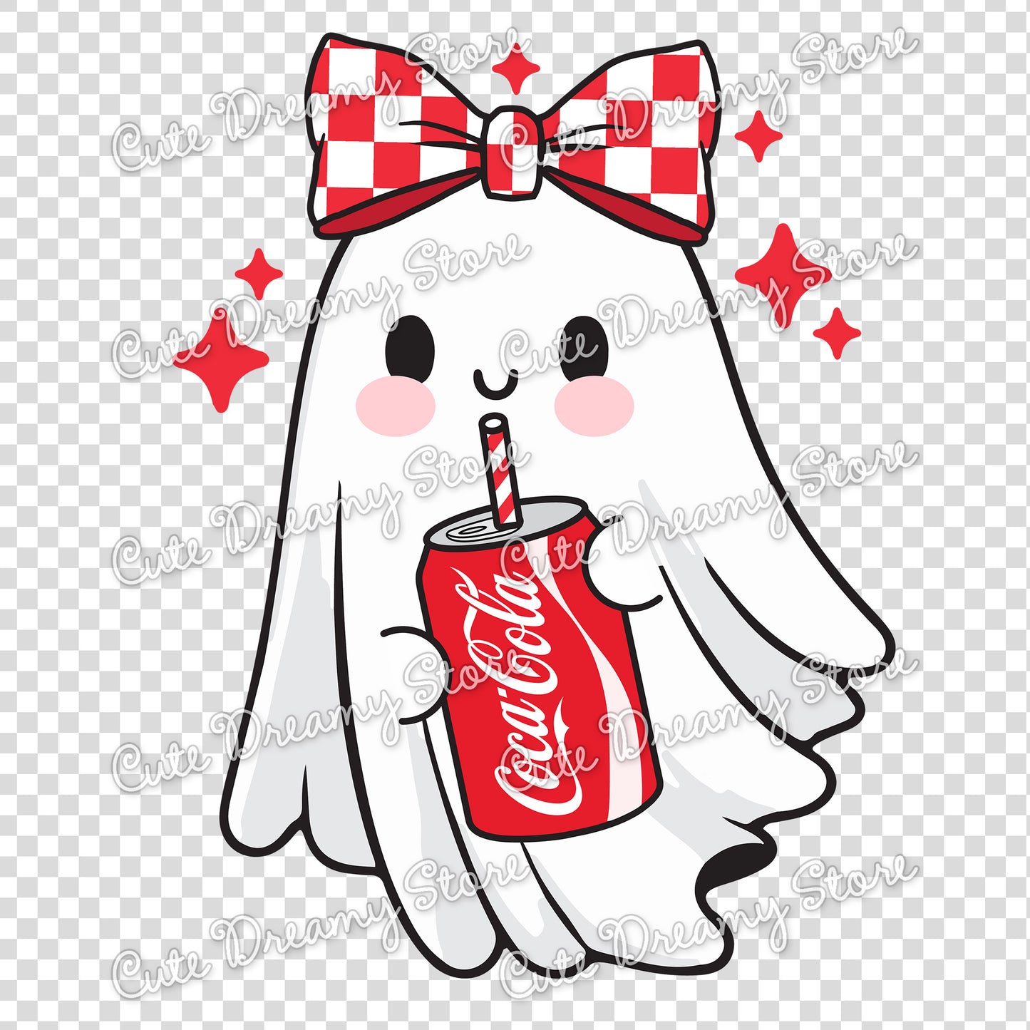 Cute Ghost with Bow Clipart PNG | Kawaii Ghost with Coca Cola Can