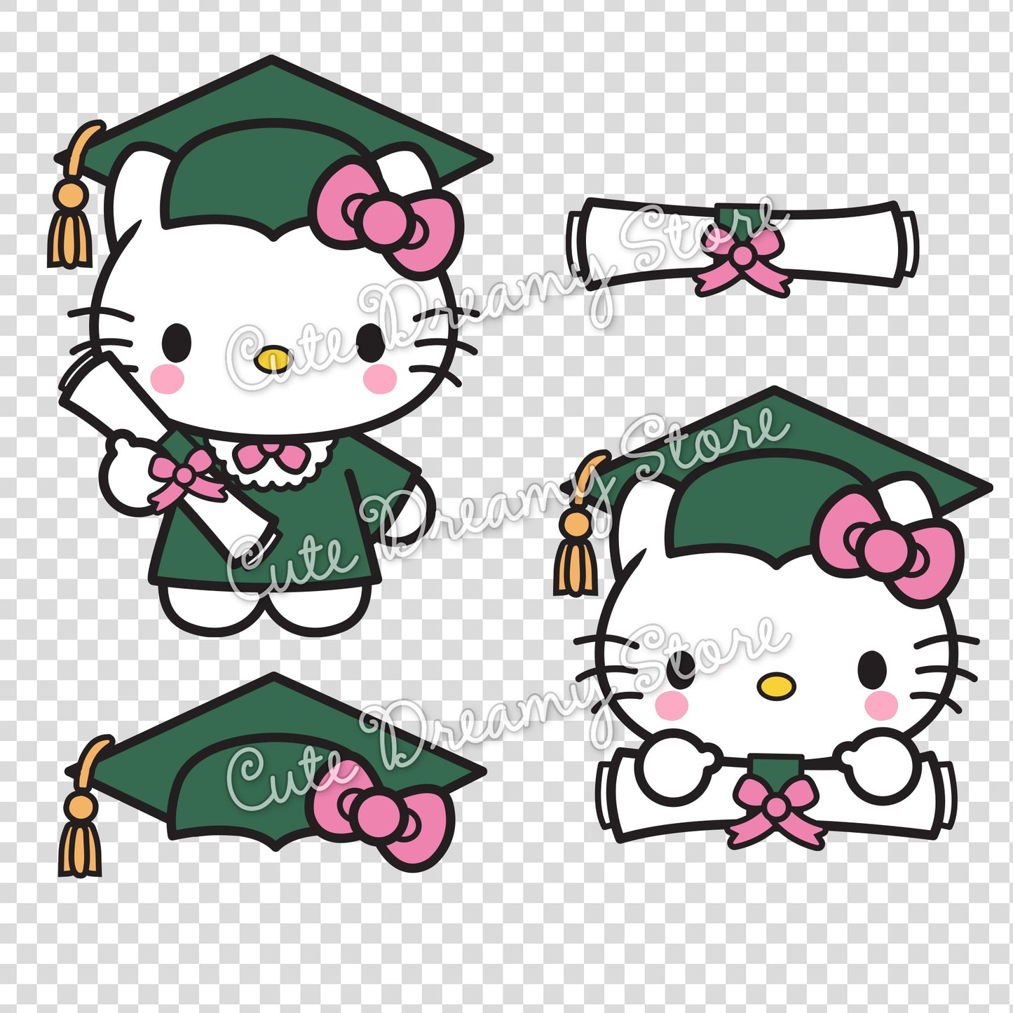 Green Hello Kitty graduation clipart bundle with SVG, PNG and EPS files for Cricut, stickers and party crafts.