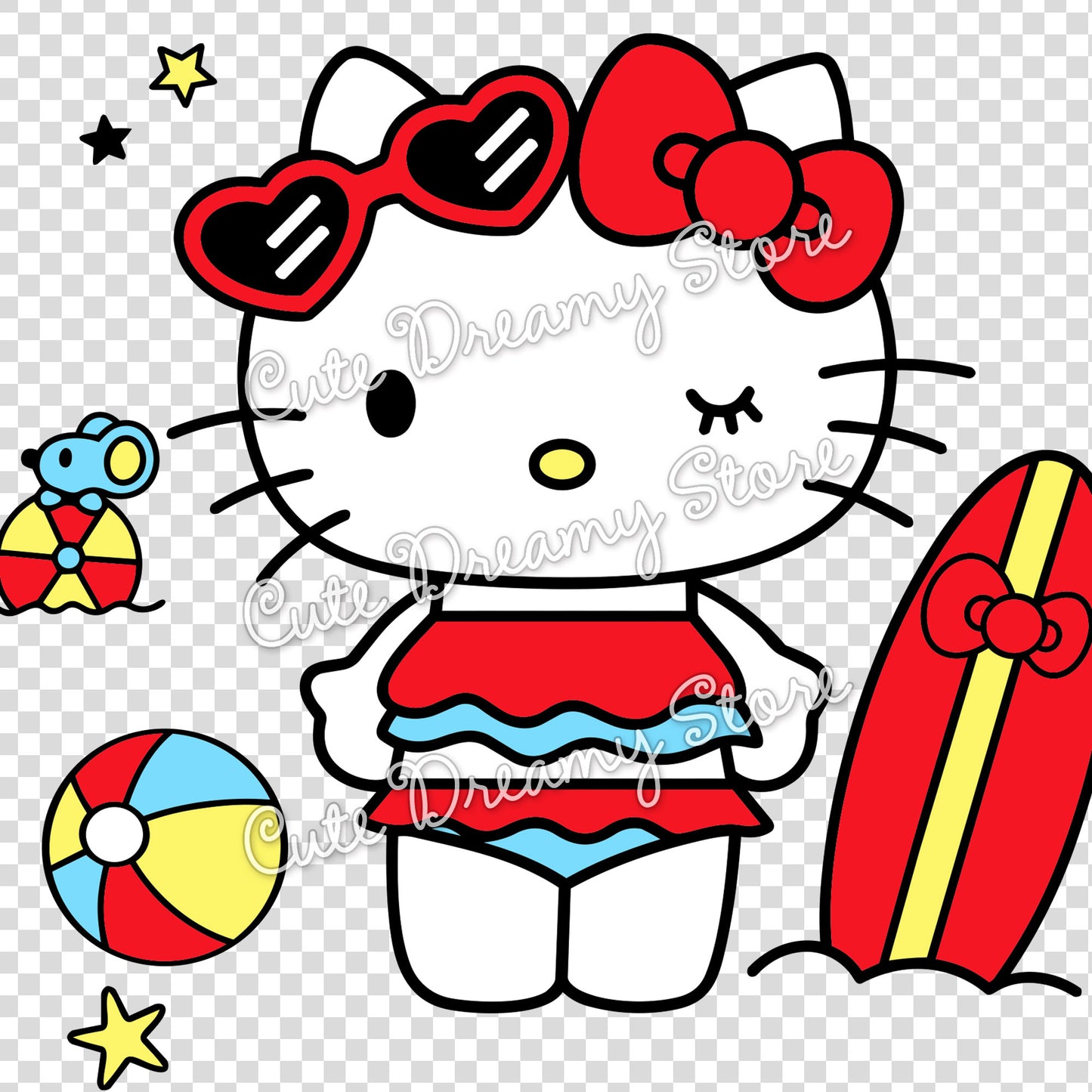 Hello Kitty summer surfing clipart with red surfboard, heart sunglasses and beach ball transparent background