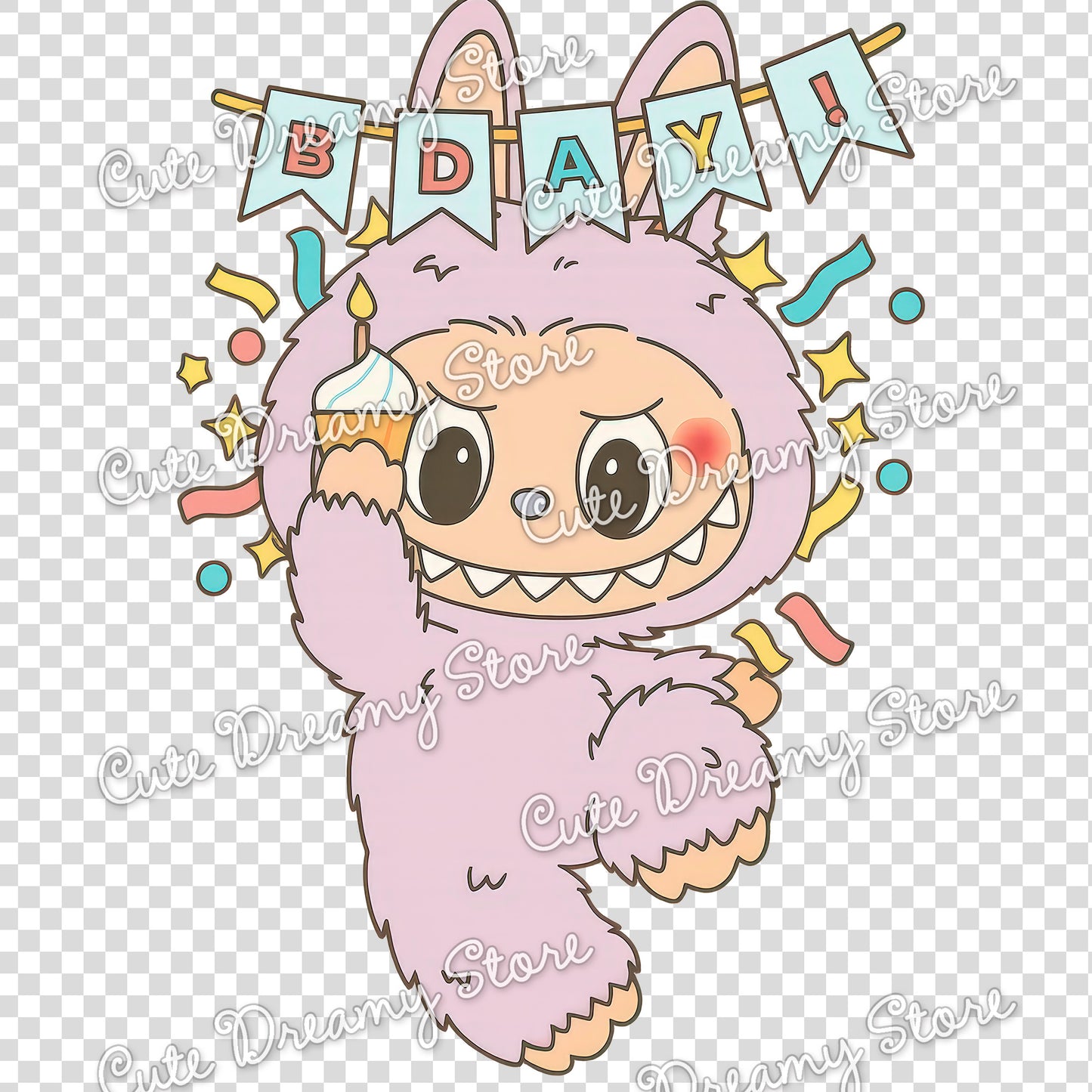 Paquete de feliz cumpleaños de Labubu, imágenes prediseñadas/PNG con fondos transparentes