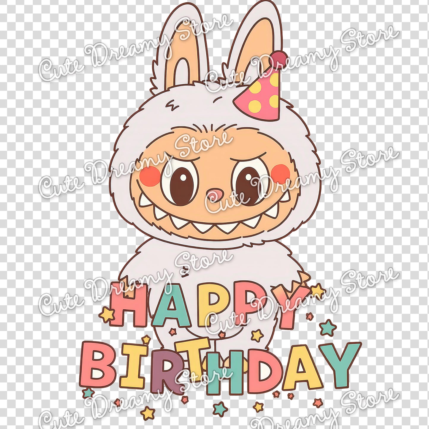 Paquete de feliz cumpleaños de Labubu, imágenes prediseñadas/PNG con fondos transparentes