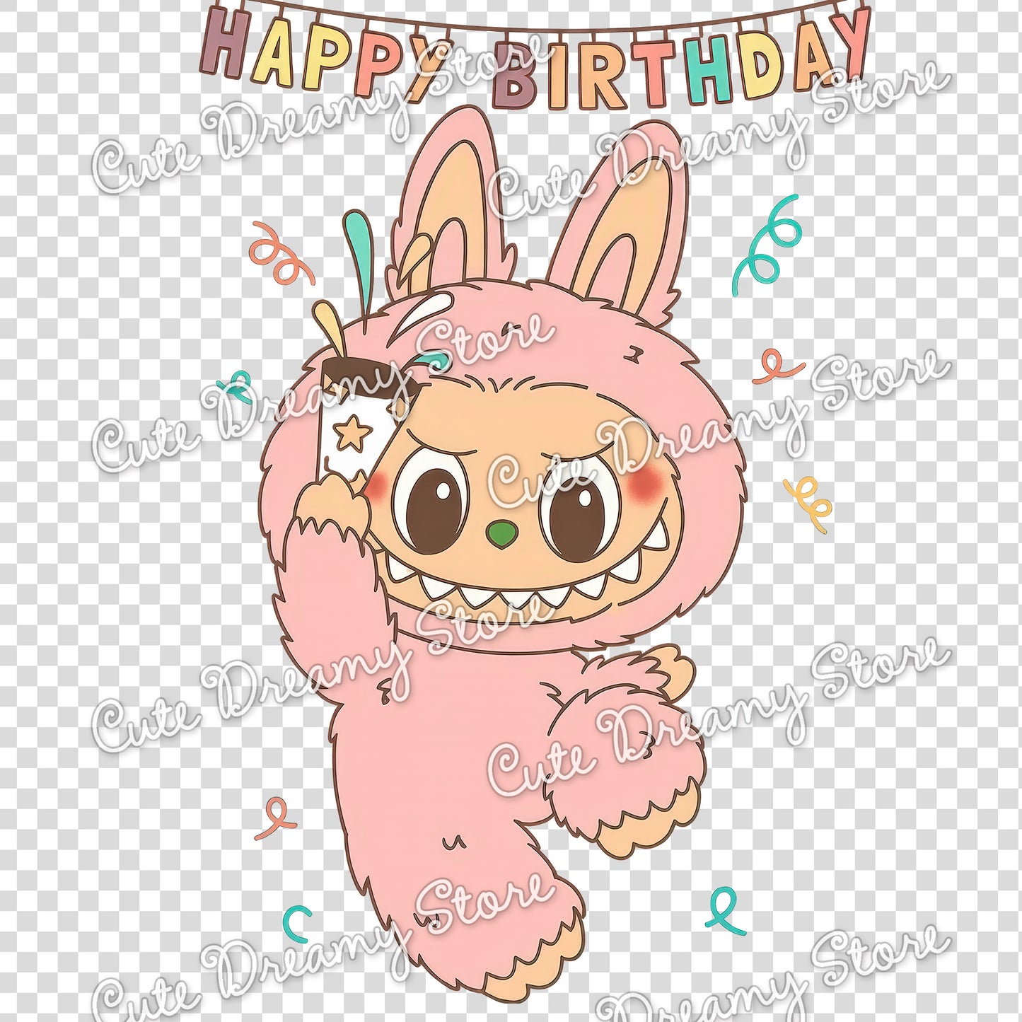 Paquete de feliz cumpleaños de Labubu, imágenes prediseñadas/PNG con fondos transparentes