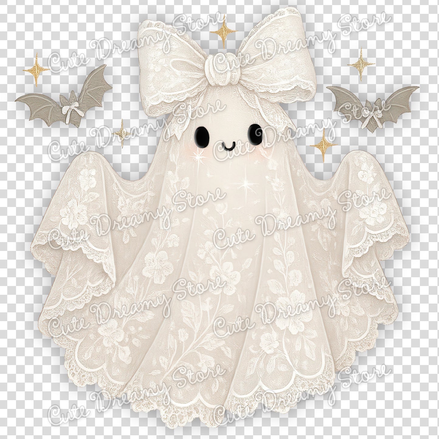 Cute Lace Ghost Clipart with Bow / Romantic Halloween PNG