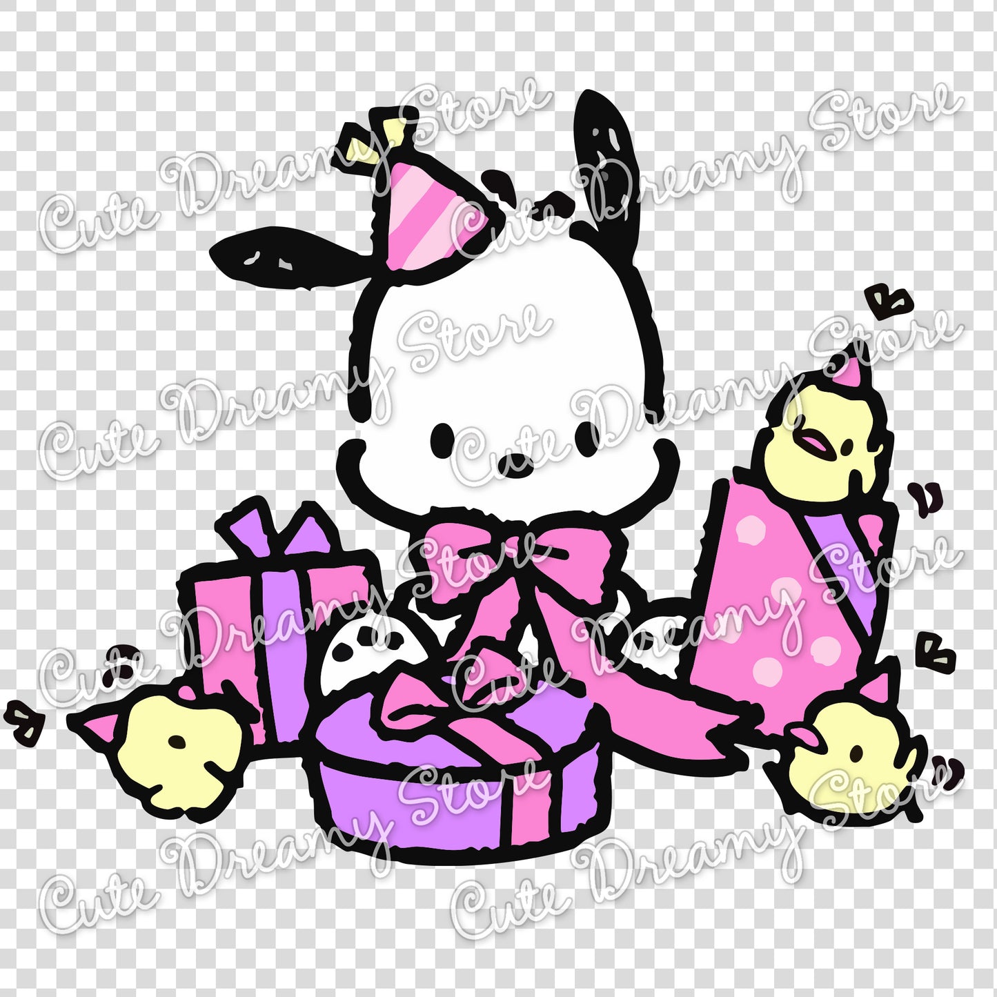 Cute Pochacco birthday clipart dog surrounded by gift boxes and party decorations, SVG PNG EPS digital download