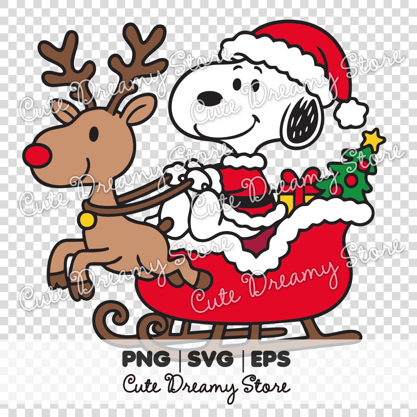 Imágenes prediseñadas de trineo navideño de Snoopy, renos y regalos, vectores SVG/PNG/EPS