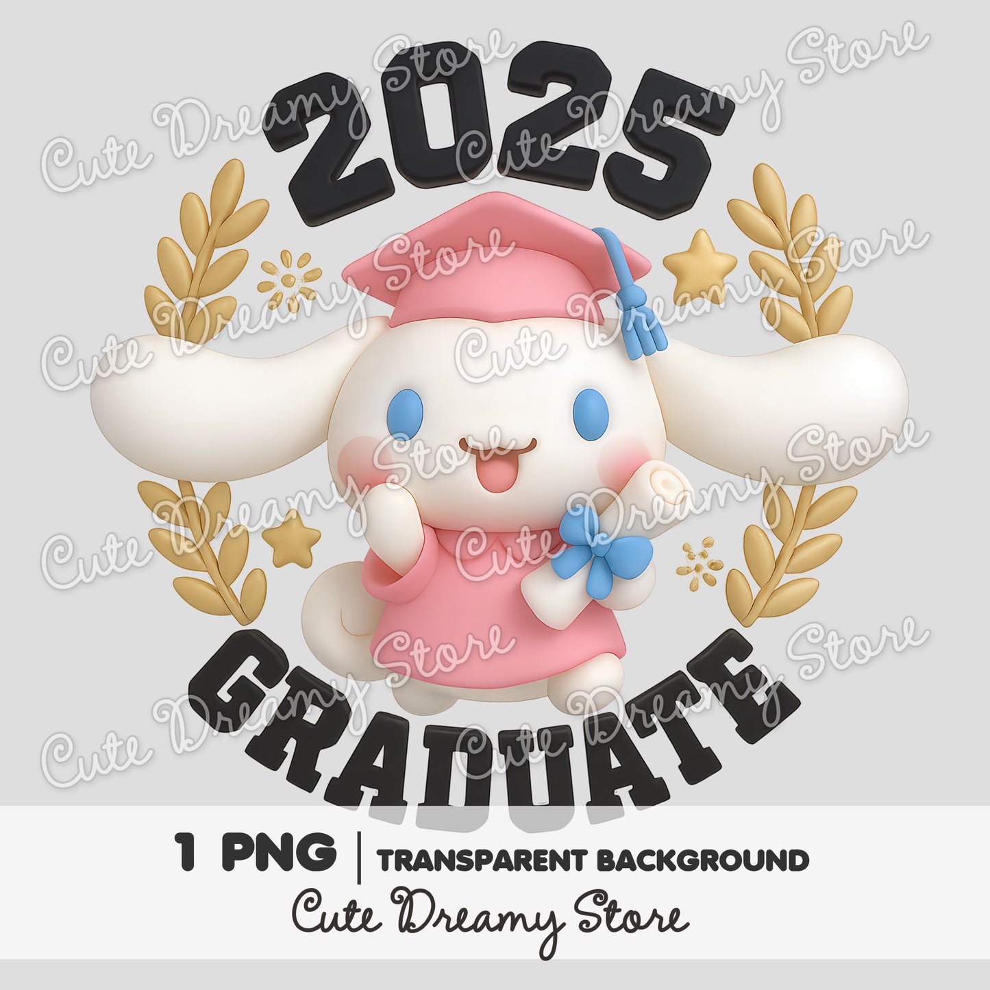 Clipart de graduación 3D Cinnamoroll 2025 en rosa / PNG con fondo transparente