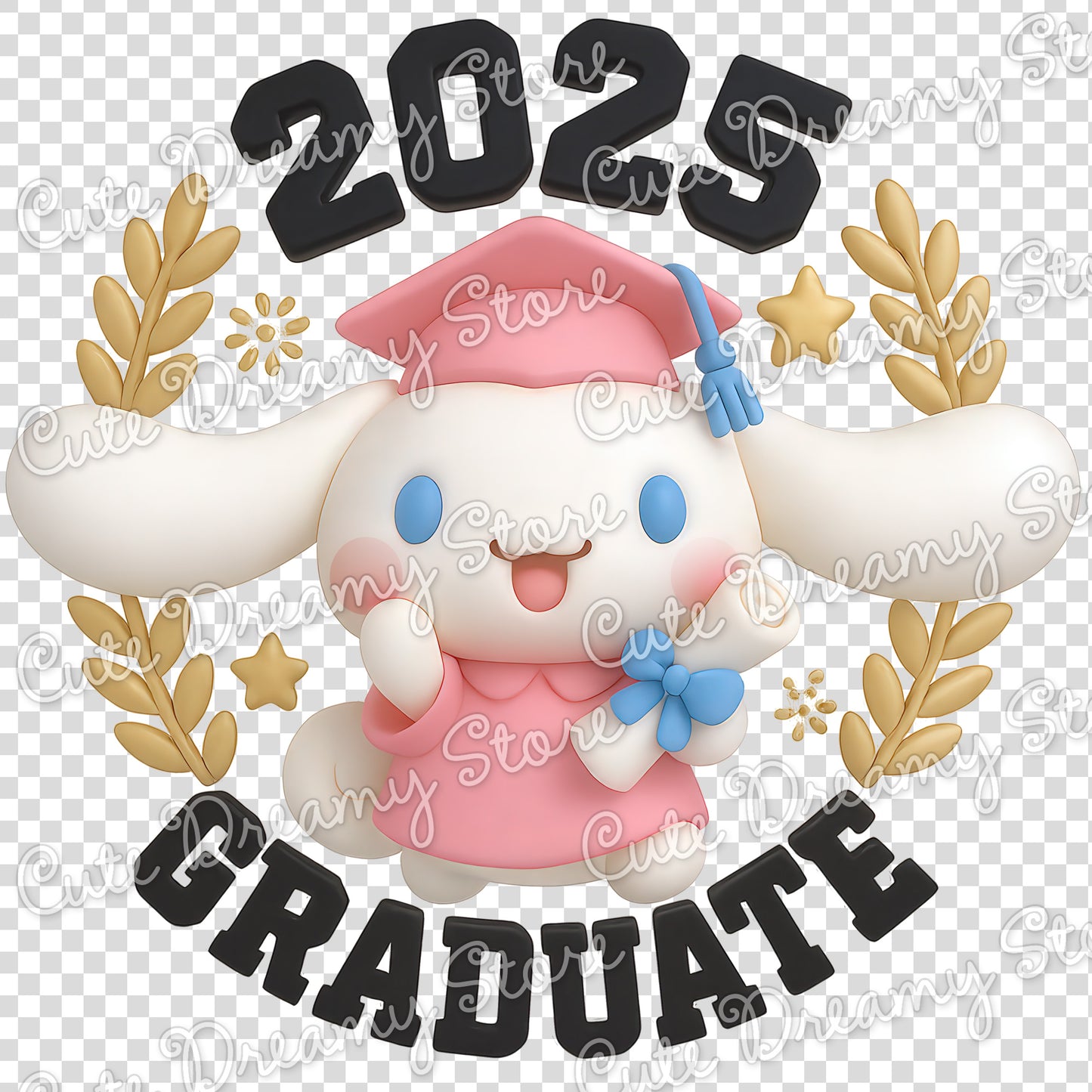 Clipart de graduación 3D Cinnamoroll 2025 en rosa / PNG con fondo transparente