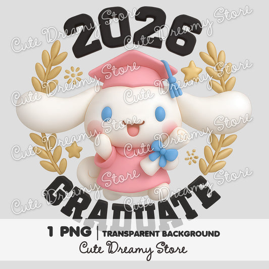 Clipart de graduación 3D Cinnamoroll 2026 en rosa / PNG con fondo transparente