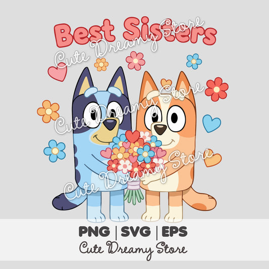 Bluey and Bingo Best Sisters clipart holding flowers with hearts and flowers