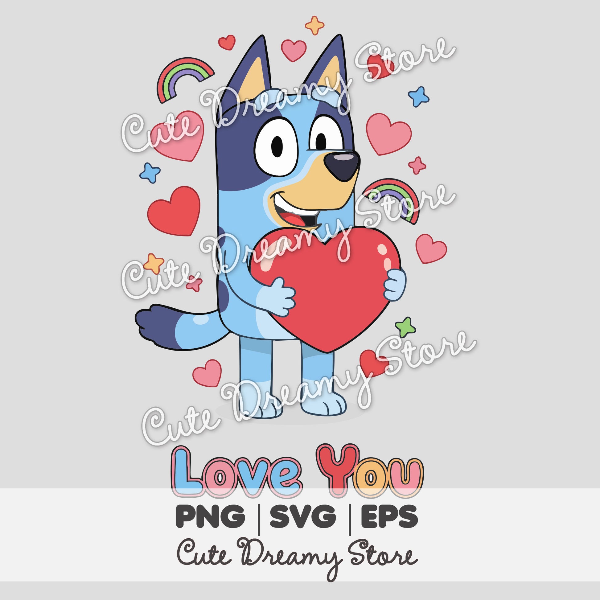 Bluey Love You clipart holding a red heart with rainbows and hearts
