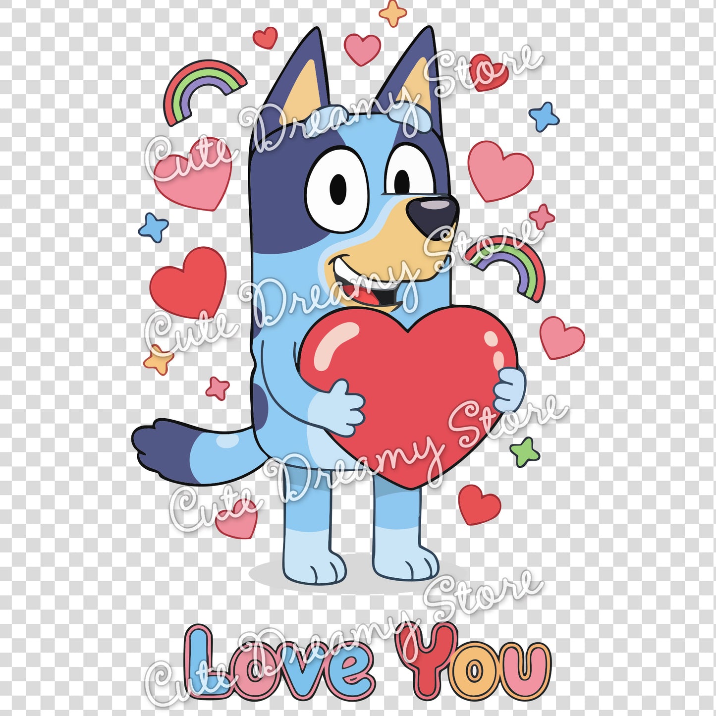 Adorable Bluey love illustration with heart and smiling expression