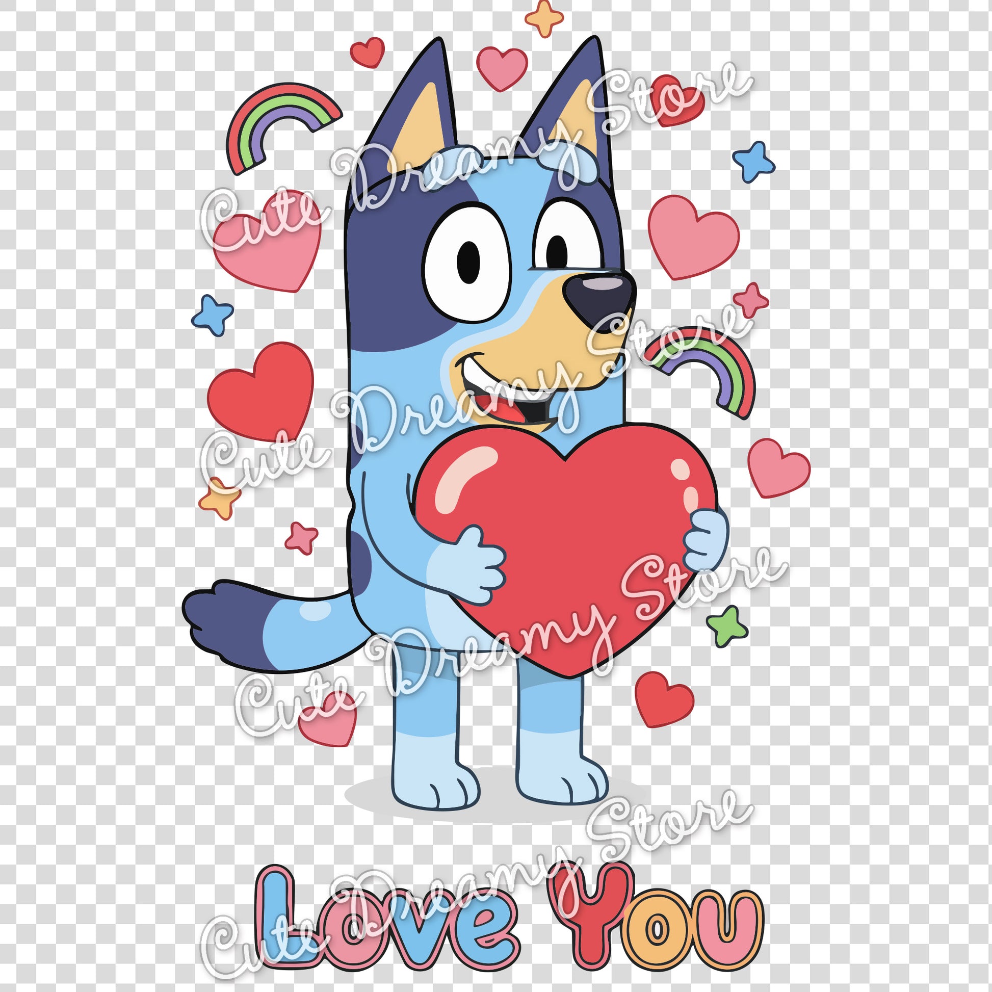 Adorable Bluey love illustration with heart and smiling expression