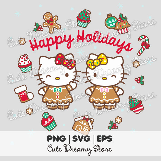 Clipart de pan de jengibre de Hello Kitty de Navidad con cupcakes SVG / PNG / EPS vector