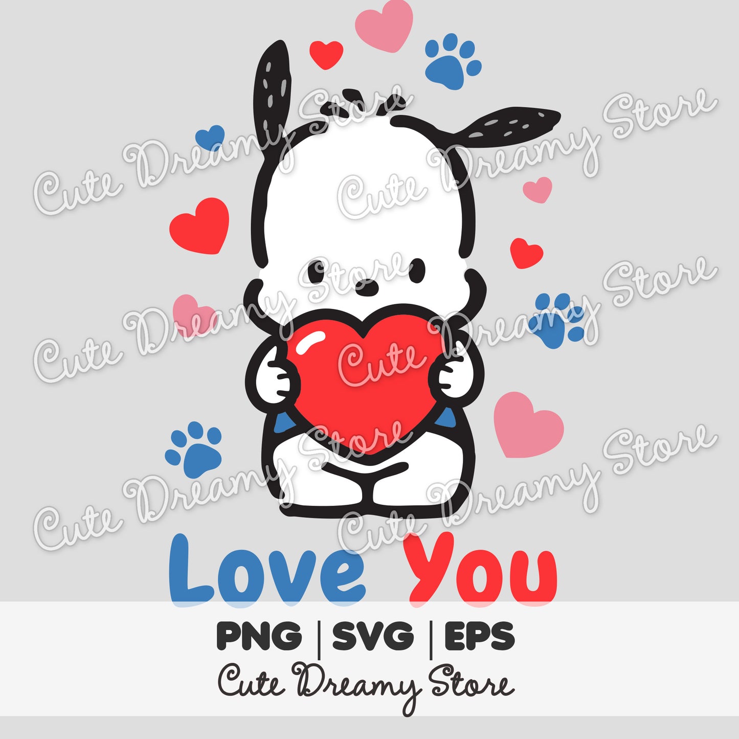 Cute Pochacco Valentine clipart dog holding a heart with Love You text, SVG PNG EPS digital download