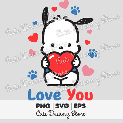Cute Pochacco Valentine clipart dog holding a heart with Love You text, SVG PNG EPS digital download