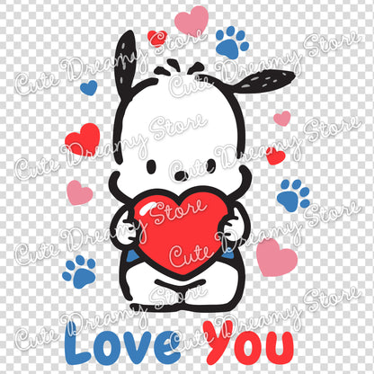 Adorable Pochacco Valentine’s Day dog clipart with hearts and paw prints, kawaii style

