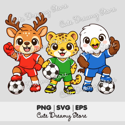 Cute soccer animal mascots 2026 clipart design with deer, jaguar and eagle characters, SVG PNG EPS digital files