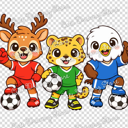 Cute soccer animal mascots PNG clipart with transparent background featuring deer, jaguar and eagle soccer characters