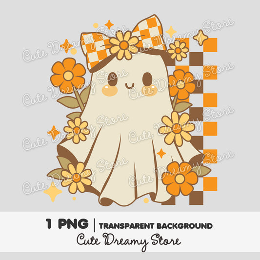 Cute Retro Ghost with Bow Clipart PNG | Retro Floral Halloween Digital