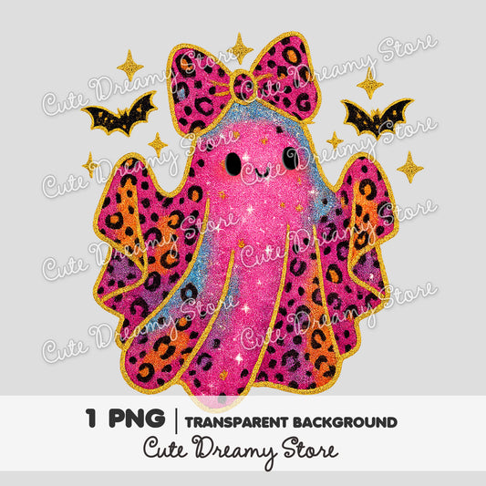 Cute Glitter Ghost Clipart with Bow / Pink Leopard Halloween PNG