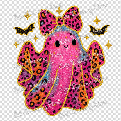 Cute Glitter Ghost Clipart with Bow / Pink Leopard Halloween PNG