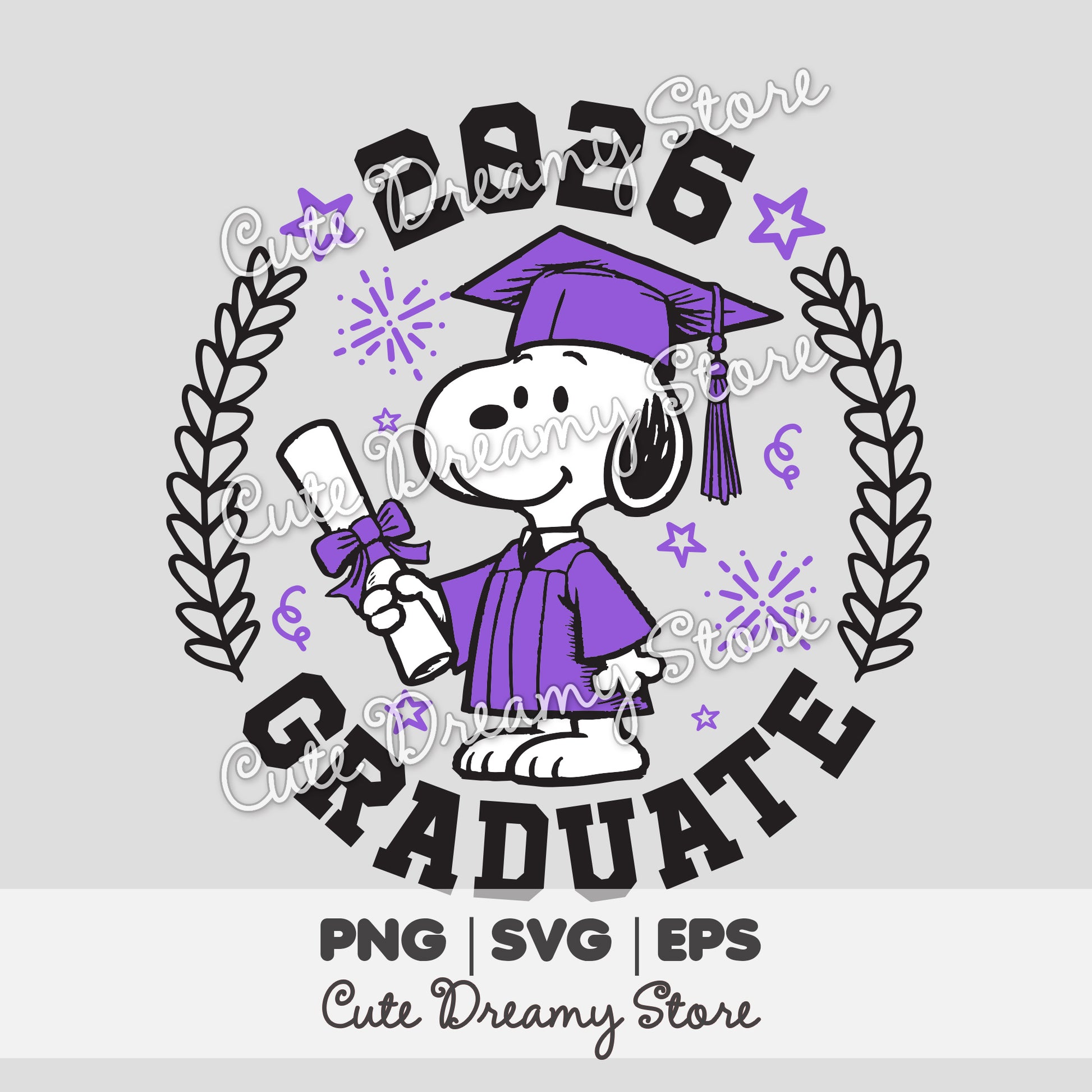 Snoopy 2026 graduation clipart in purple holding a diploma