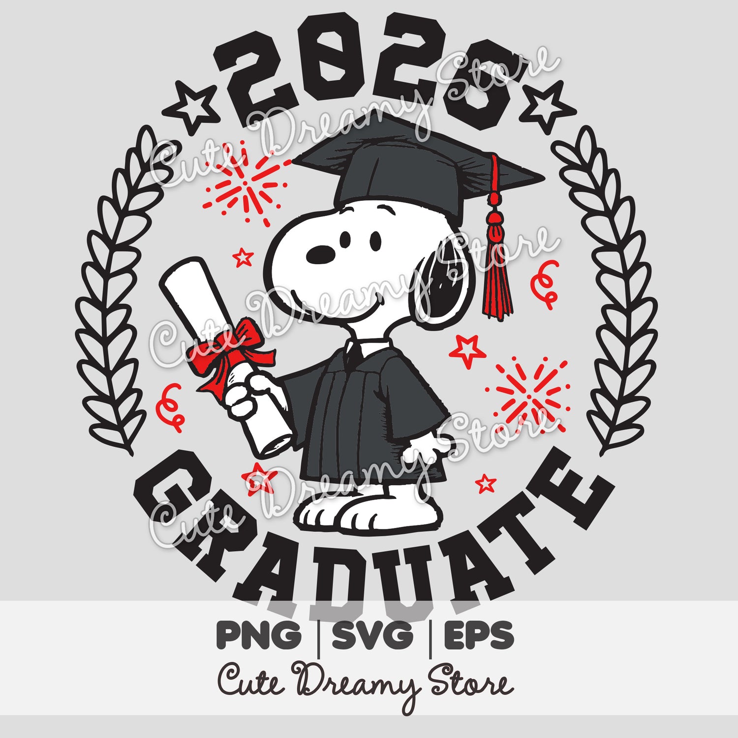 Graduation Snoopy 2026 clipart with black cap and gown, diploma, laurel wreath, red stars and Class of 2026 graduate text in SVG PNG EPS format.