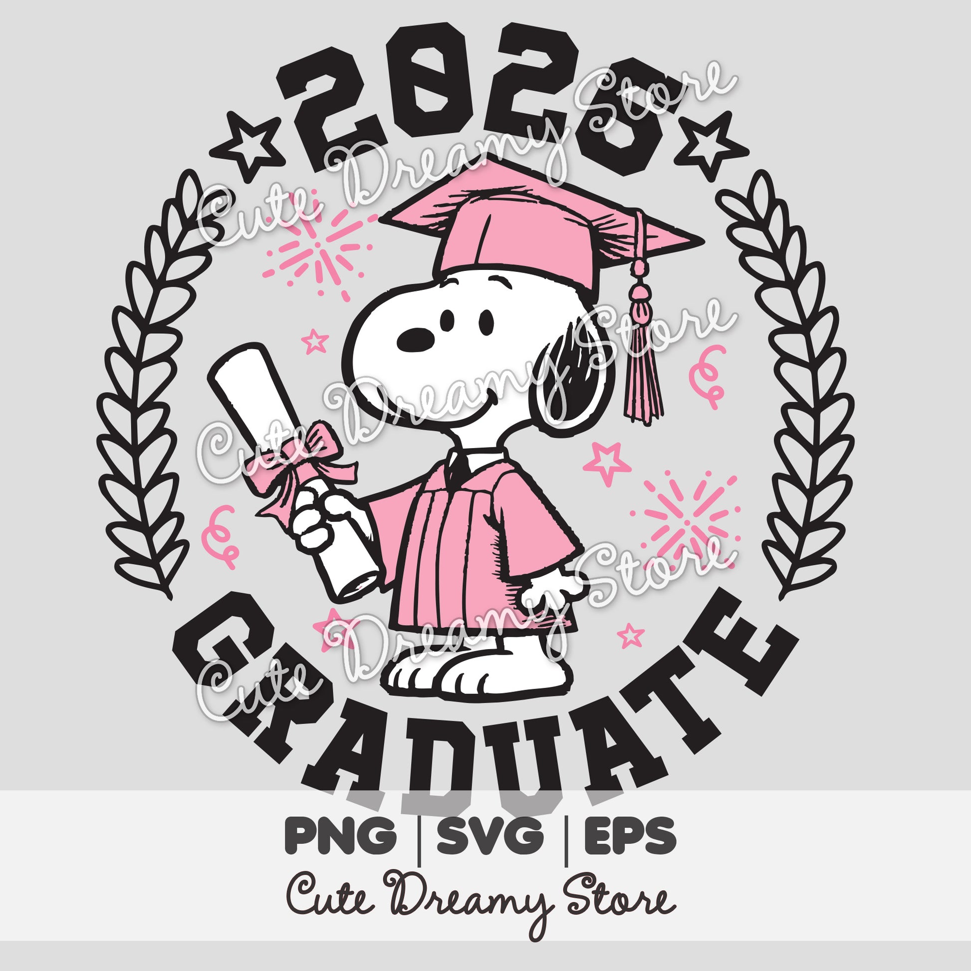 Pink Graduation Snoopy 2026 clipart with cap, diploma, laurel wreath, stars and Class of 2026 graduate text in SVG PNG EPS format.