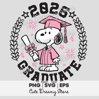 Pink Graduation Snoopy 2026 clipart with cap, diploma, laurel wreath, stars and Class of 2026 graduate text in SVG PNG EPS format.
