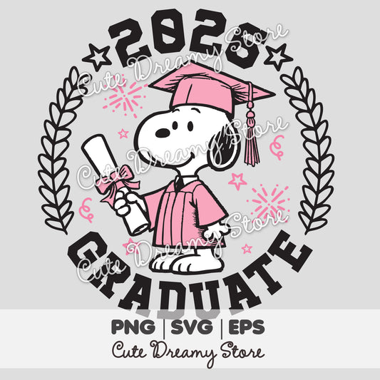 Pink Graduation Snoopy 2026 clipart with cap, diploma, laurel wreath, stars and Class of 2026 graduate text in SVG PNG EPS format.